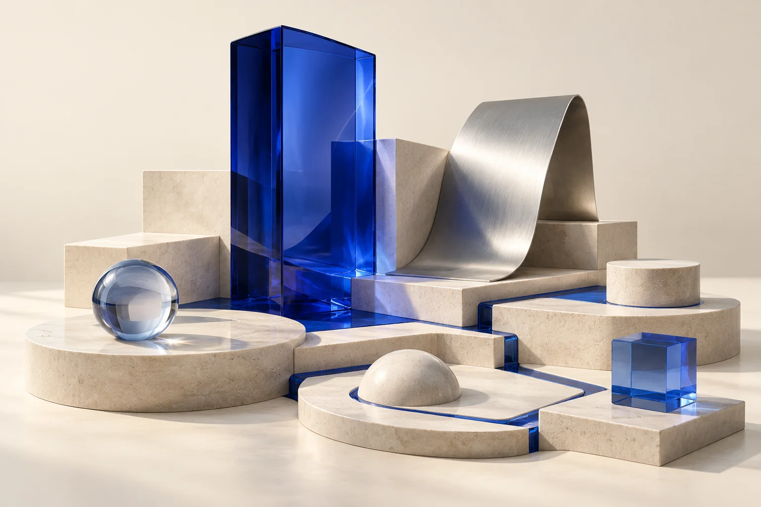 Cobalt glass, silver and stone forms connected into an architectural composition